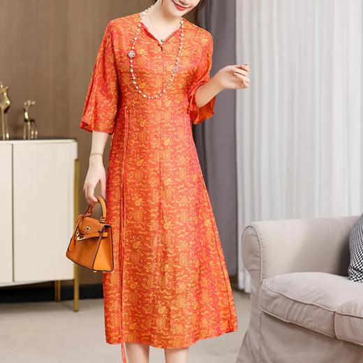 LX22033  2022夏季新款时尚新中式中袖V领系带葫芦（福禄）真丝提花连衣裙 商品图2