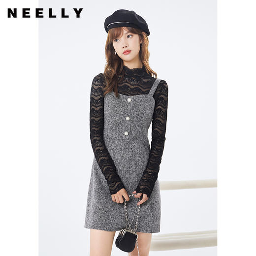 NEELLY纳俪半高领微透视蕾丝内搭两件套A字裙收腰显瘦韩版小个子NM2008DY370 商品图0
