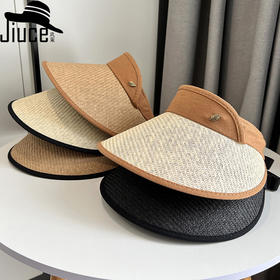 CT-T1-M1881韩国新款树叶金属标空顶帽编大沿遮阳帽透气帽子女