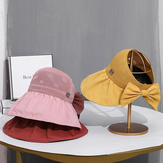 CT-M1883夏季新款空顶帽黑胶涂层透气遮阳帽拼接蝴蝶结大沿太阳帽子女 商品图1