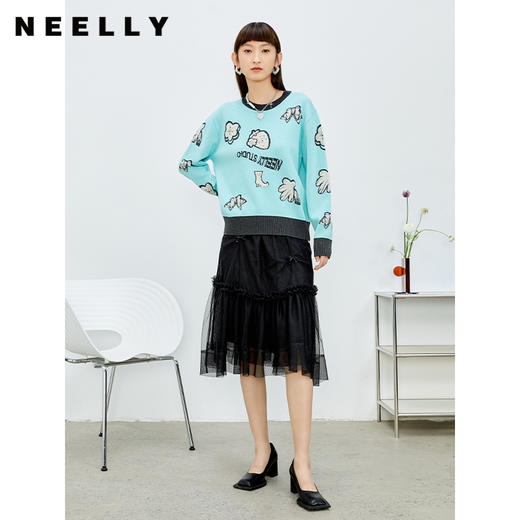 NEELLY纳俪松紧腰纱裙女半身春季抽褶网纱立体蝴蝶结中长裙A字裙N22081E01175 商品图2