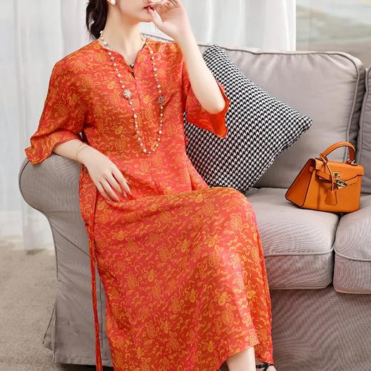 LX22033  2022夏季新款时尚新中式中袖V领系带葫芦（福禄）真丝提花连衣裙 商品图1