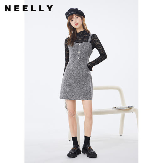 NEELLY纳俪半高领微透视蕾丝内搭两件套A字裙收腰显瘦韩版小个子NM2008DY370 商品图2
