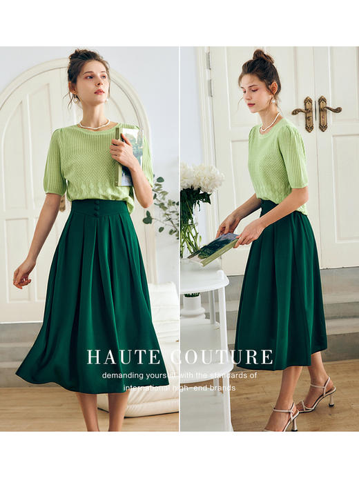 OLrain法式墨绿色半身裙女早秋2022新款高腰复古垂感百褶A字短裙 商品图0