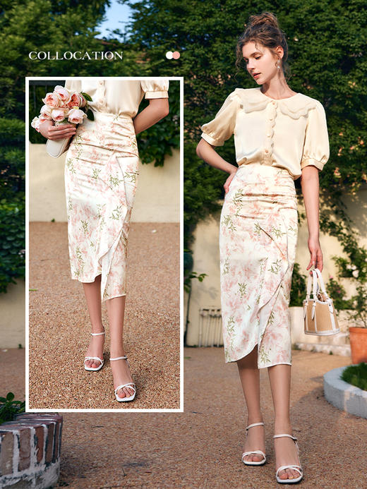 OLrain法式高级穿搭碎花半身裙女夏季2022年新款不规则开叉包臀裙 商品图2