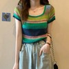 彩虹条纹方领针织短袖T恤女夏薄款设计感短款上衣rbl01 商品缩略图2