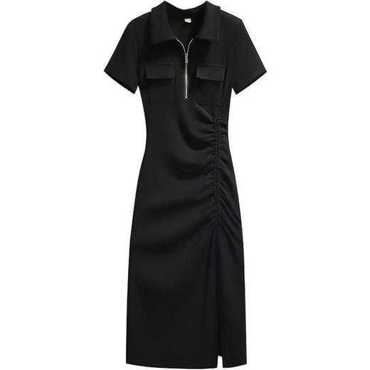 灰色polo领连衣裙女夏季新款收腰抽绳开叉小黑裙子rbl03 商品图3