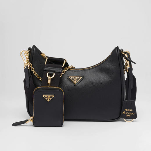 【二】PRADA 普拉达 女士 2005年再版 Saffiano 皮革珐琅金属三角形徽标三合一子母单肩包 黑色 1BH204 NZV F0632 V2M 商品图0