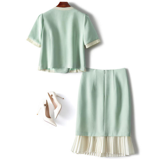 OLSZ85910新款时尚优雅气质圆领短袖单排扣上衣拼接包臀裙两件套 商品图3