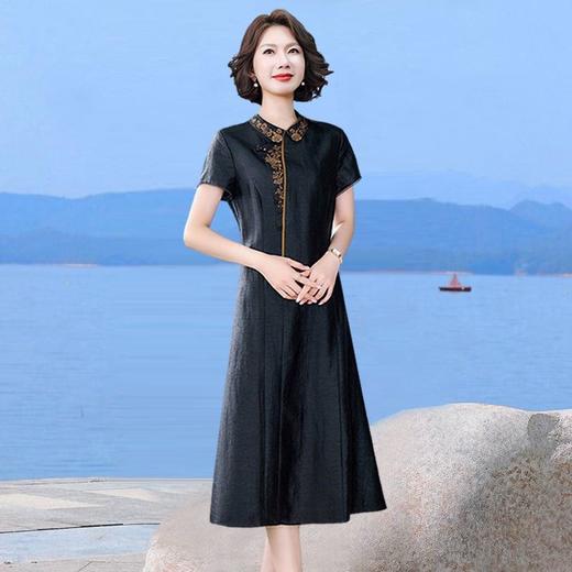 dp1473  香云纱真丝连衣裙2022新款旗袍女装夏季短袖刺绣桑蚕丝黑色长裙子 商品图3