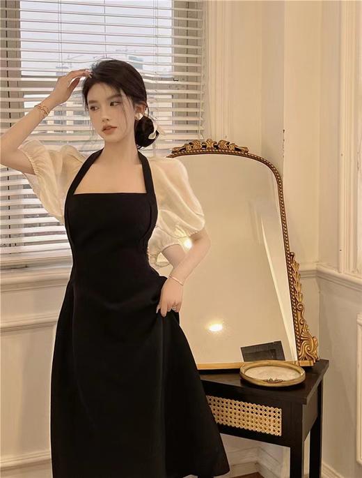 （清仓现货）【社群供A】夏季法式泡泡袖小众设计赫本风长裙黑色方领拼接连衣裙涤纶2 商品图2