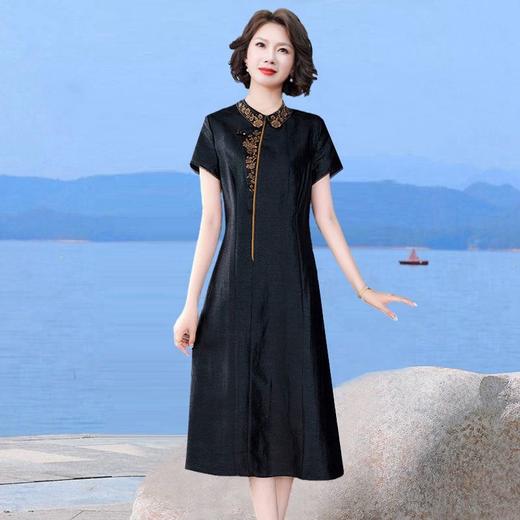 dp1473  香云纱真丝连衣裙2022新款旗袍女装夏季短袖刺绣桑蚕丝黑色长裙子 商品图1