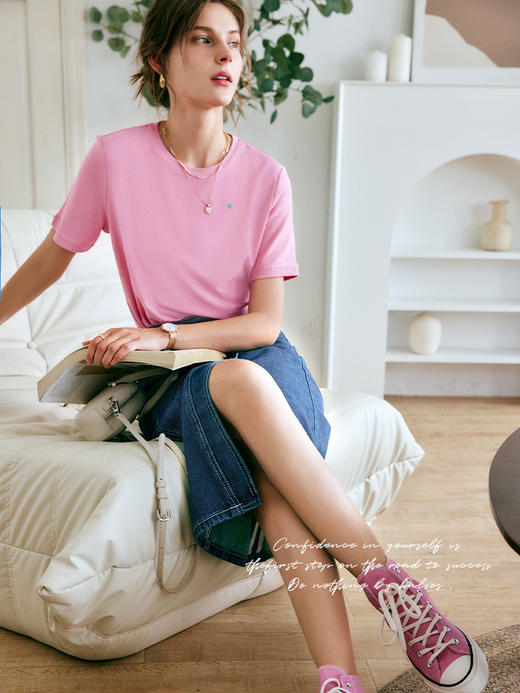 OLrain法式高级穿搭粉色短袖t恤女夏季2022新款爱心刺绣薄款上衣 商品图2