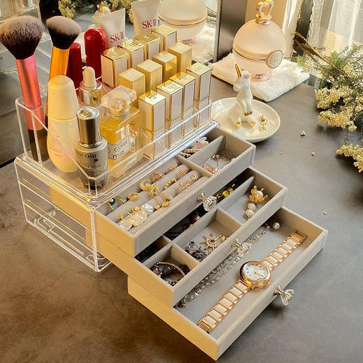 亚克力三层抽屉式口红护肤品首饰盒耳环耳钉项链饰品收纳盒首饰箱 商品图4