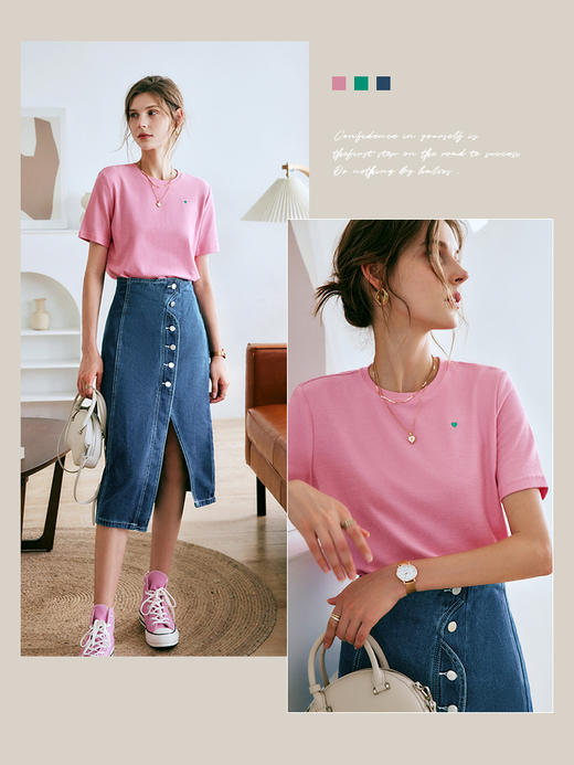 OLrain法式高级穿搭粉色短袖t恤女夏季2022新款爱心刺绣薄款上衣 商品图3