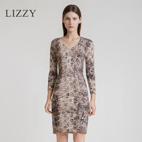LIZZY2024时尚摩登豹纹印花V领七分袖修身针织连衣裙5964
