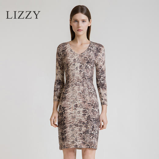 LIZZY2024时尚摩登豹纹印花V领七分袖修身针织连衣裙5964 商品图0