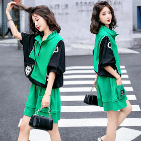 夏季新款，宽松运动休闲拼接字母短裙裤中袖上衣两件套HR-CZJ7115