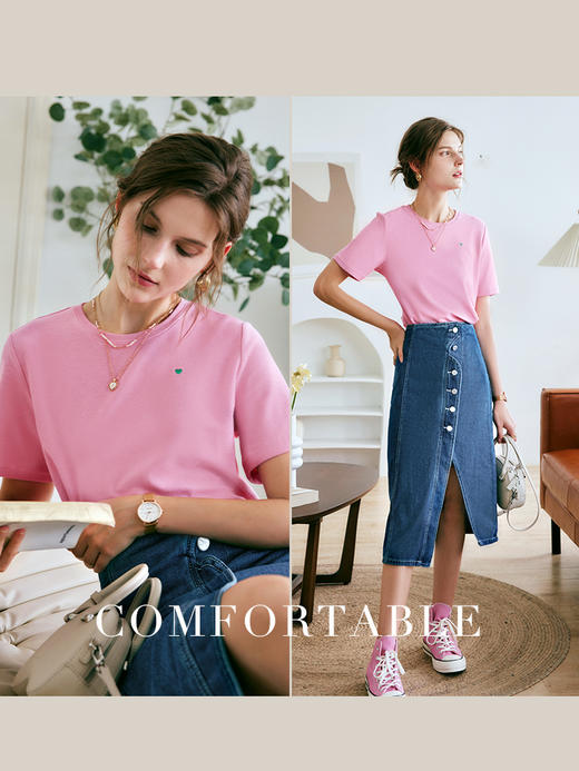 OLrain法式高级穿搭粉色短袖t恤女夏季2022新款爱心刺绣薄款上衣 商品图1