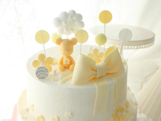 女孩款 可爱小熊 黄色系 翻糖蝴蝶结 周岁 满月 双层蛋糕 商品图1