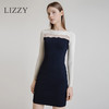 LIZZY2024简约百搭气质一字领撞色拼接蕾丝镂空修身连衣裙5961 商品缩略图0