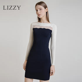 LIZZY2024简约百搭气质一字领撞色拼接蕾丝镂空修身连衣裙5961