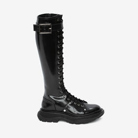 ALEXANDER MCQUEEN 亚历山大麦昆 女士皮革异形鞋底系带长靴高筒靴 黑色 595466 WHZ81 1081