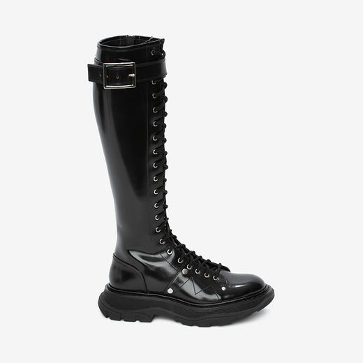 ALEXANDER MCQUEEN 亚历山大麦昆 女士皮革异形鞋底系带长靴高筒靴 黑色 595466 WHZ81 1081 商品图0