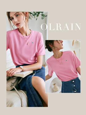 OLrain法式高级穿搭粉色短袖t恤女夏季2022新款爱心刺绣薄款上衣