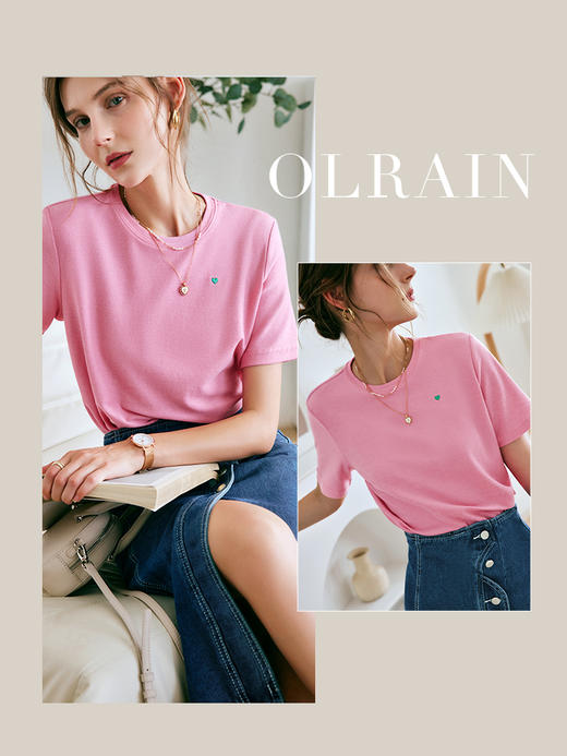 OLrain法式高级穿搭粉色短袖t恤女夏季2022新款爱心刺绣薄款上衣 商品图0