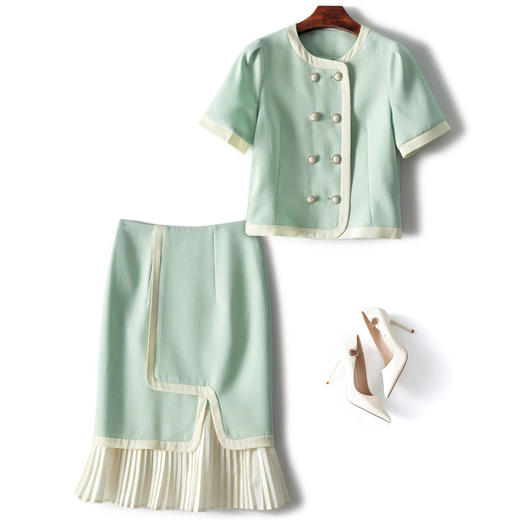 OLSZ85910新款时尚优雅气质圆领短袖单排扣上衣拼接包臀裙两件套 商品图0