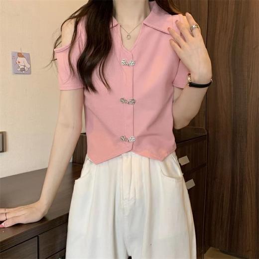 （清仓现货）【社群供T】19032小众甜辣设计感v领露肩小衫 商品图1