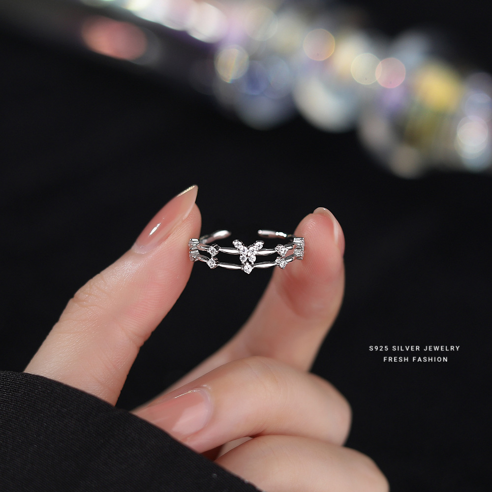 【喃语】S925银双层闪钻蝴蝶冷淡风开口戒指【YXS-K1184】