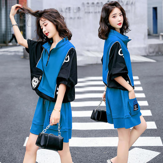 夏季新款，宽松运动休闲拼接字母短裙裤中袖上衣两件套HR-CZJ7115 商品图1