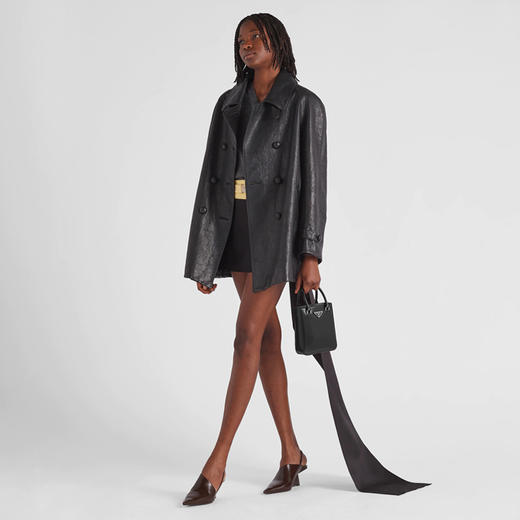 PRADA 普拉达 女士小号拉绒皮革珐琅金属三角形徽标手提包 黑色 1BA331 ZO6 F0002 OOO 商品图3