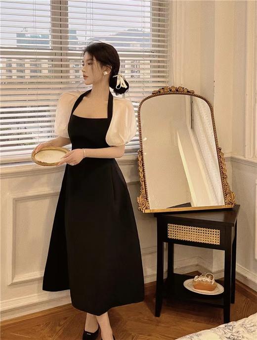 （清仓现货）【社群供A】夏季法式泡泡袖小众设计赫本风长裙黑色方领拼接连衣裙涤纶2 商品图3