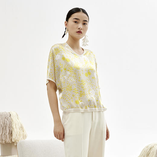 真丝羊绒V领针梭相拼短袖上衣SJS94W021K 商品图0