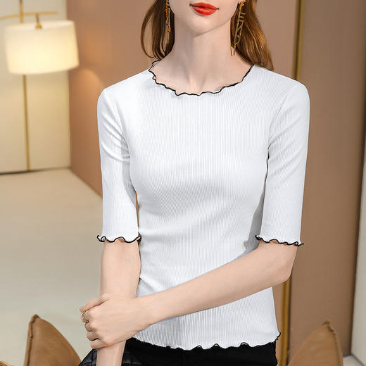 莫代尔中袖t恤，撞色袖边棉体恤减龄木耳边半袖上衣SG-T2Q2876 商品图0