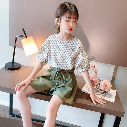 MTFZ新款女童时尚洋气棉麻波点短袖上衣短裤两件套 商品图1