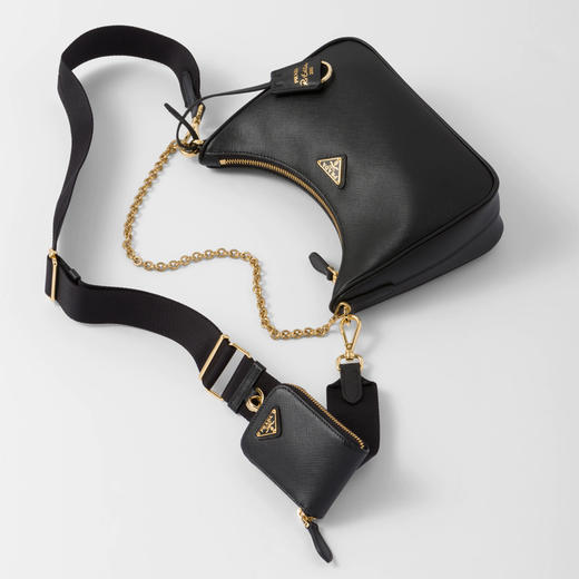 【二】PRADA 普拉达 女士 2005年再版 Saffiano 皮革珐琅金属三角形徽标三合一子母单肩包 黑色 1BH204 NZV F0632 V2M 商品图2