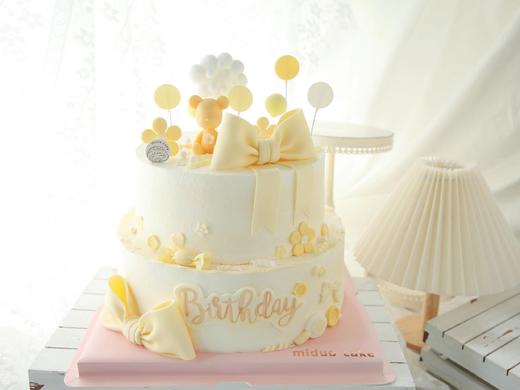 女孩款 可爱小熊 黄色系 翻糖蝴蝶结 周岁 满月 双层蛋糕 商品图0