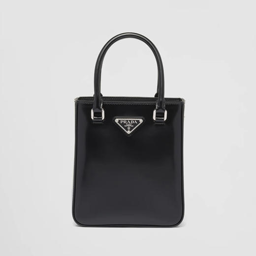 PRADA 普拉达 女士小号拉绒皮革珐琅金属三角形徽标手提包 黑色 1BA331 ZO6 F0002 OOO 商品图0
