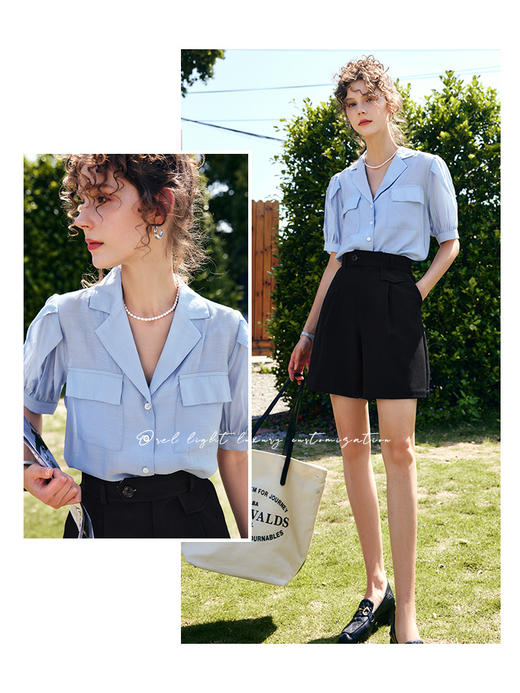 欧芮儿OLrain法式V领衬衫女夏季2022年新款宽松泡泡袖薄款衬衣 商品图0