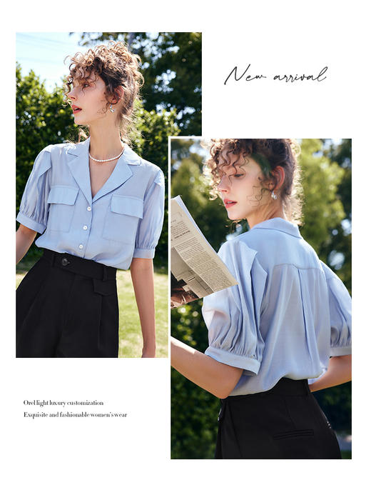 欧芮儿OLrain法式V领衬衫女夏季2022年新款宽松泡泡袖薄款衬衣 商品图2
