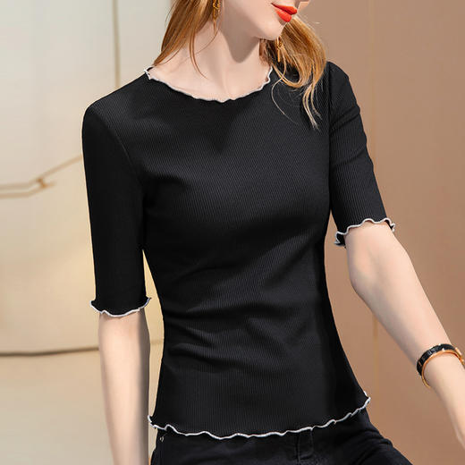 莫代尔中袖t恤，撞色袖边棉体恤减龄木耳边半袖上衣SG-T2Q2876 商品图4