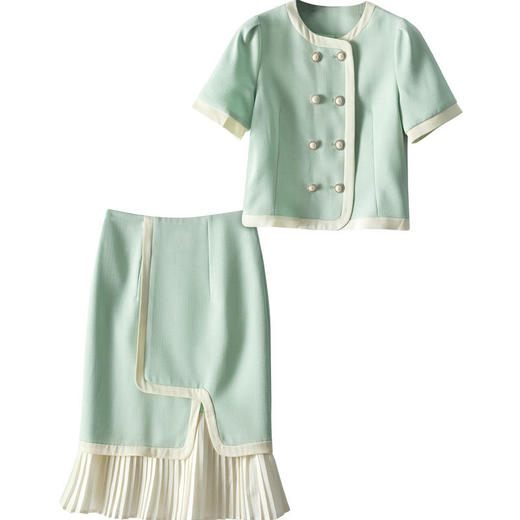 OLSZ85910新款时尚优雅气质圆领短袖单排扣上衣拼接包臀裙两件套 商品图2