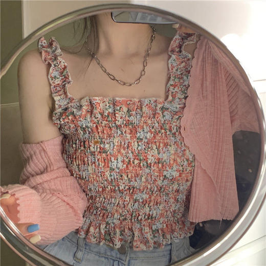 2022夏天新款木耳碎花小吊带背心女外穿短款内搭收腰上衣无袖上衣七夕情人节 商品图3