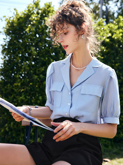 欧芮儿OLrain法式V领衬衫女夏季2022年新款宽松泡泡袖薄款衬衣 商品图3