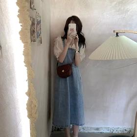 （清仓现货）【社群供T】法式设计感小众收腰牛仔背带裙套装