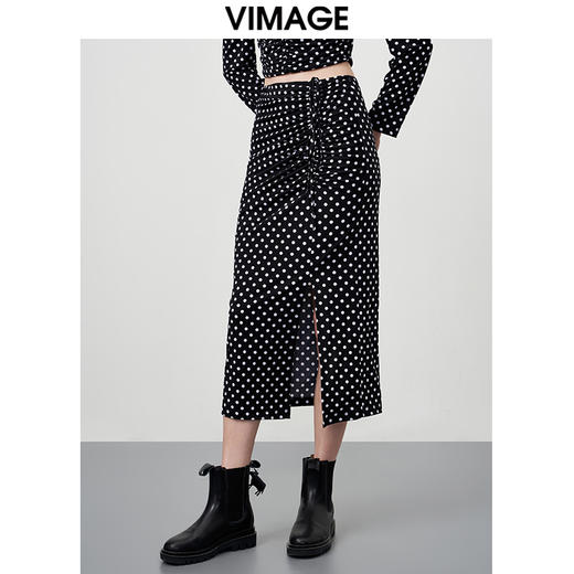 VIMAGE/纬漫纪秋季新款时尚复古气质高腰波点开叉半身裙VC2206010半裙 商品图2
